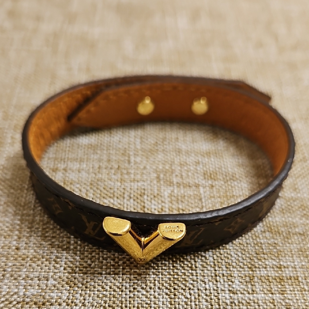 Louis Vuitton Brown Monogram Leather Bracelet with Gold V Clasp